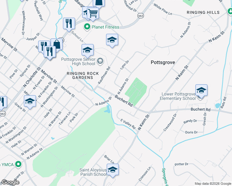 map of restaurants, bars, coffee shops, grocery stores, and more near 817 Buchert Road in Pottstown
