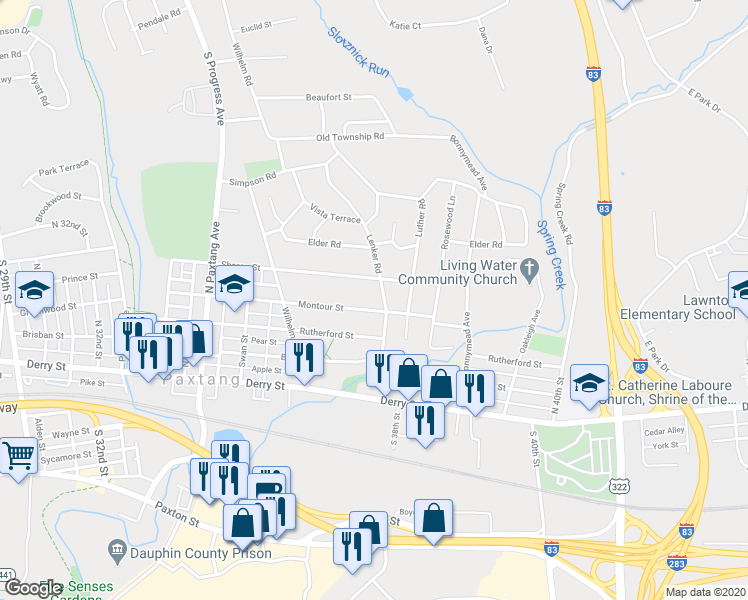 map of restaurants, bars, coffee shops, grocery stores, and more near 3760 Montour Street in Harrisburg