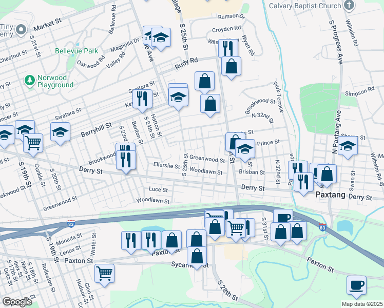 map of restaurants, bars, coffee shops, grocery stores, and more near 2510 Greenwood Street in Harrisburg