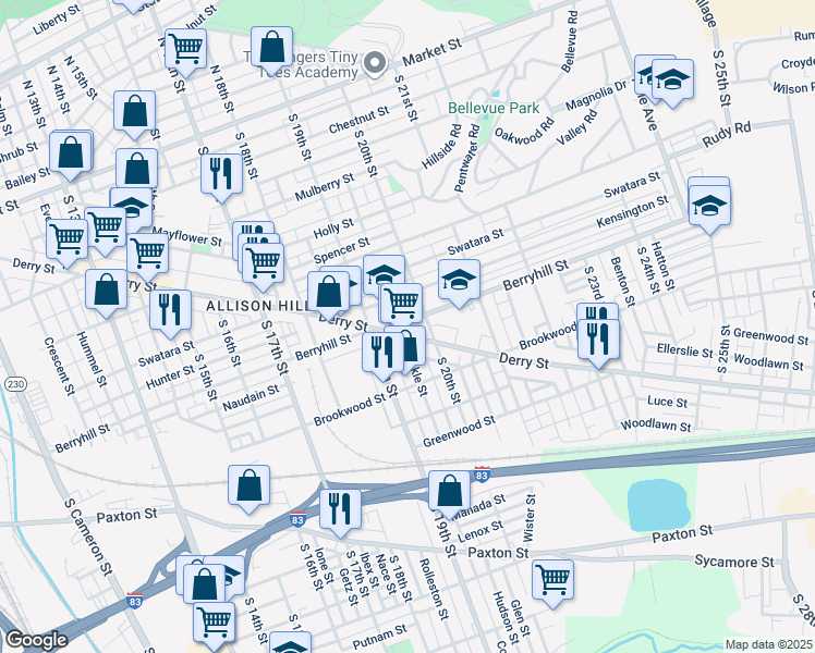 map of restaurants, bars, coffee shops, grocery stores, and more near 1934 Derry Street in Harrisburg