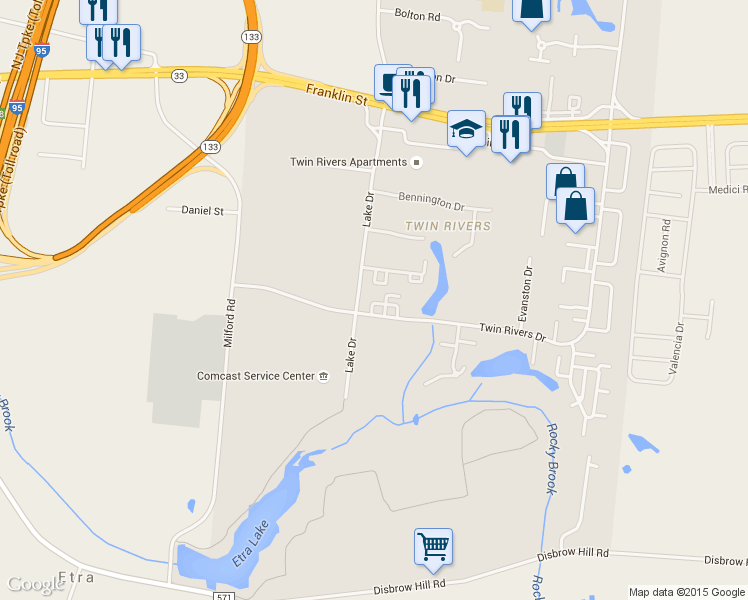 map of restaurants, bars, coffee shops, grocery stores, and more near 3 B Twin Rivers Dr in East Windsor