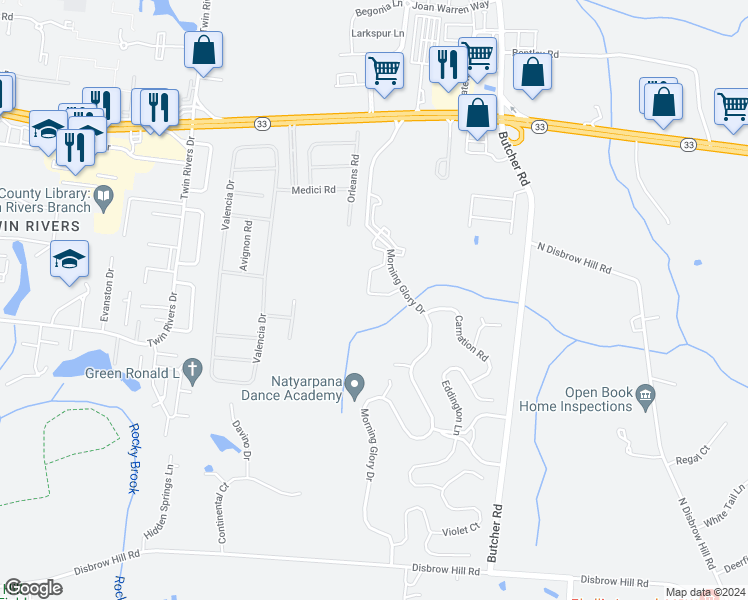 map of restaurants, bars, coffee shops, grocery stores, and more near 1183 Morning Glory Drive in Monroe Township