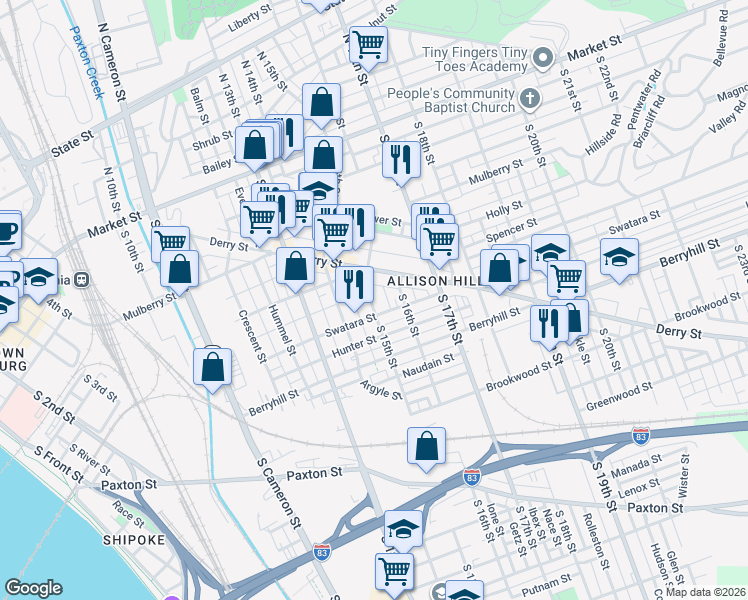 map of restaurants, bars, coffee shops, grocery stores, and more near 344 Brook Street in Harrisburg