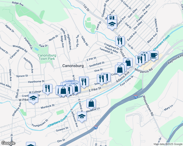 map of restaurants, bars, coffee shops, grocery stores, and more near 120 Vine Street in Canonsburg