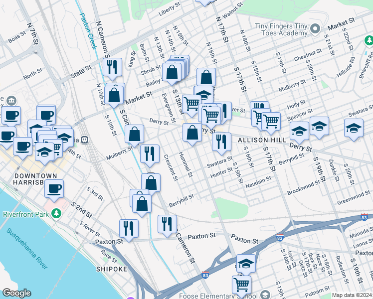 map of restaurants, bars, coffee shops, grocery stores, and more near 300 Evergreen Street in Harrisburg