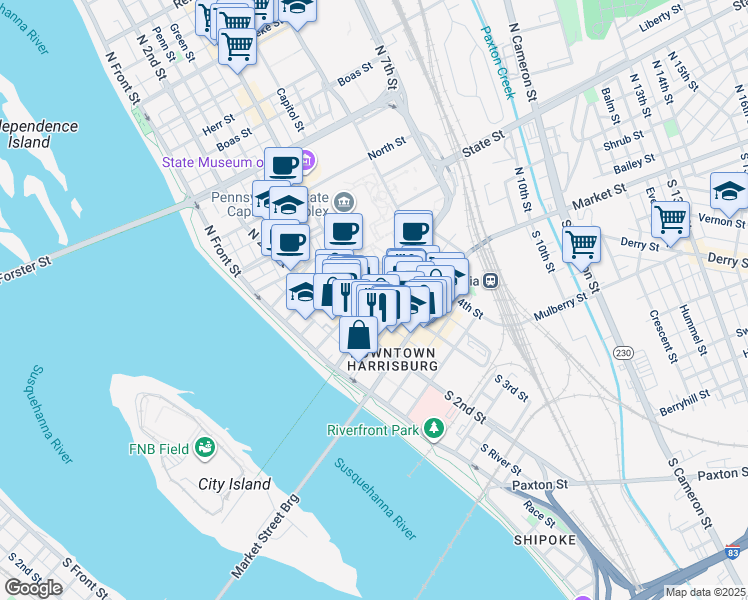 map of restaurants, bars, coffee shops, grocery stores, and more near 228 Walnut Street in Harrisburg