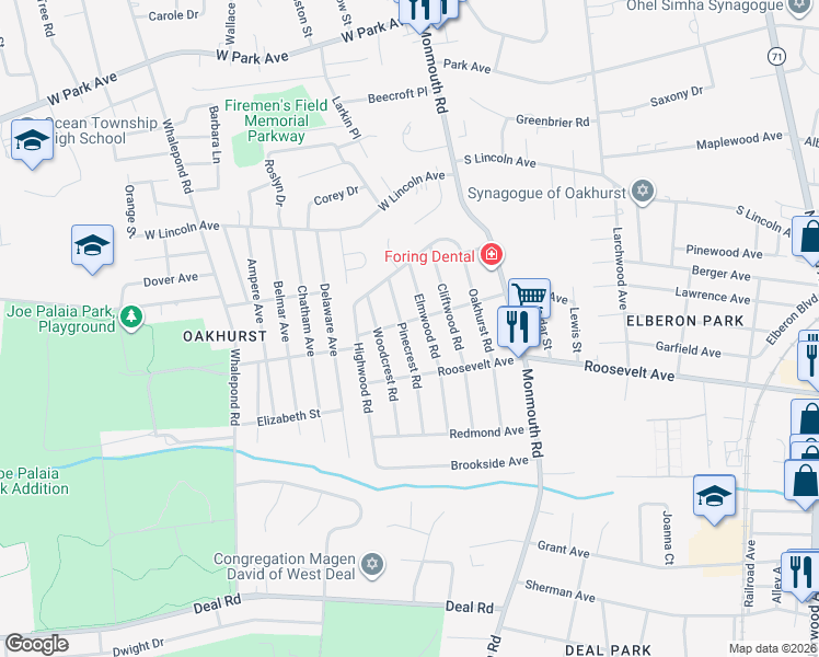 map of restaurants, bars, coffee shops, grocery stores, and more near 428 Wells Avenue in Ocean Township