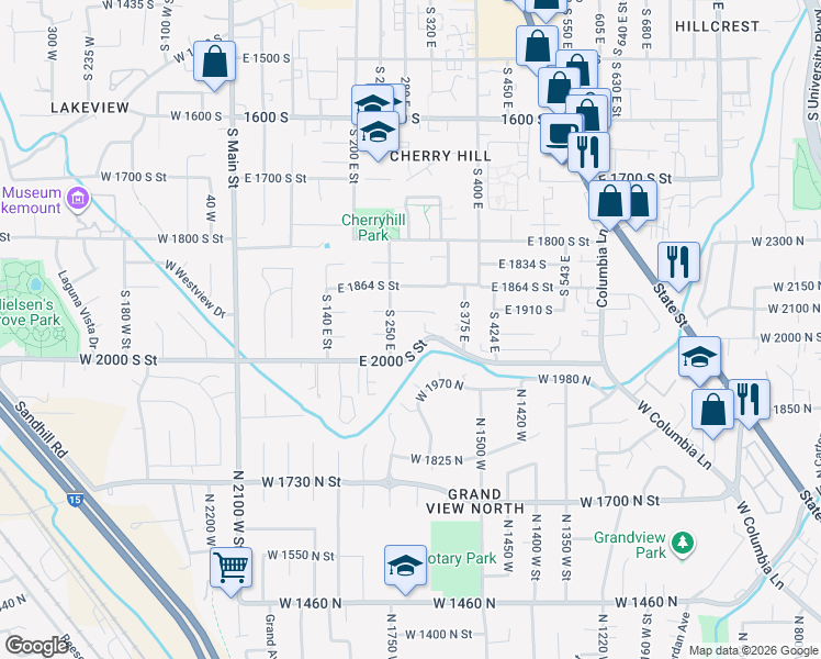 map of restaurants, bars, coffee shops, grocery stores, and more near 1951 South 250 East in Orem