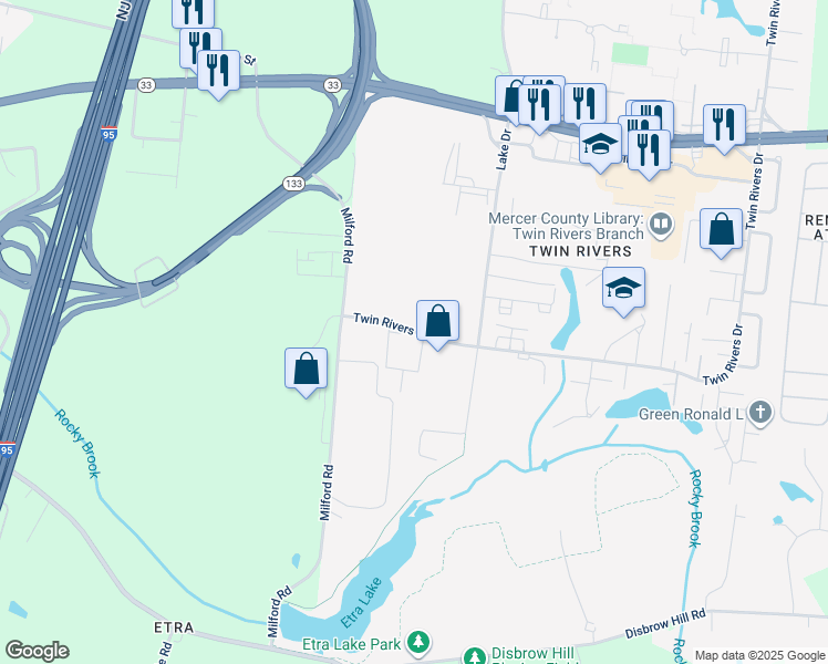 map of restaurants, bars, coffee shops, grocery stores, and more near 81 Twin Rivers Drive in East Windsor