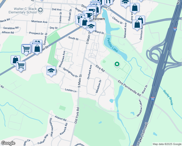 map of restaurants, bars, coffee shops, grocery stores, and more near 108 Orchard Avenue in Hightstown