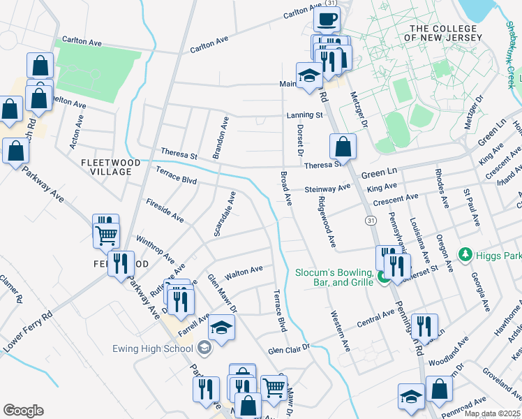 map of restaurants, bars, coffee shops, grocery stores, and more near 1008 Terrace Boulevard in Ewing Township