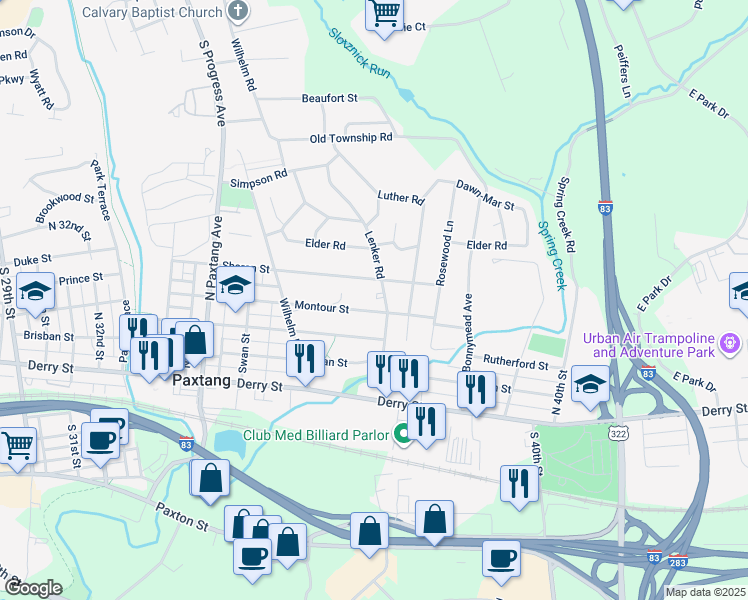 map of restaurants, bars, coffee shops, grocery stores, and more near 3780 Montour Street in Harrisburg