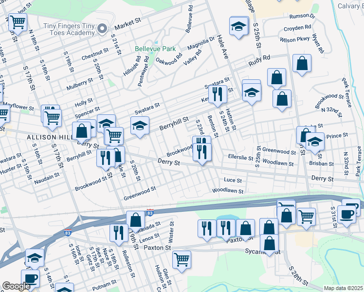 map of restaurants, bars, coffee shops, grocery stores, and more near 2180 Brookwood Street in Harrisburg