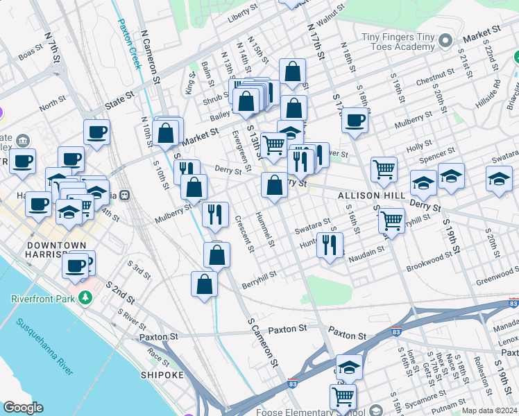 map of restaurants, bars, coffee shops, grocery stores, and more near 1241 Kittatinny Street in Harrisburg