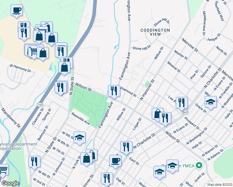 map of restaurants, bars, coffee shops, grocery stores, and more near 822 Farmington Avenue in Halfway House
