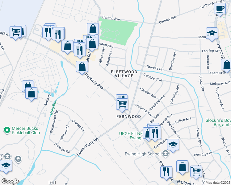 map of restaurants, bars, coffee shops, grocery stores, and more near 1142 Parkway Avenue in Ewing Township