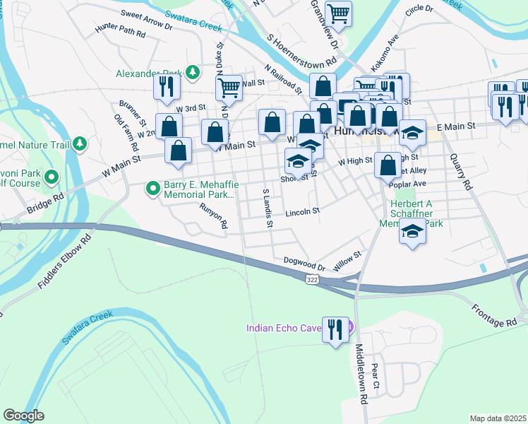 map of restaurants, bars, coffee shops, grocery stores, and more near 150 South Landis Street in Hummelstown