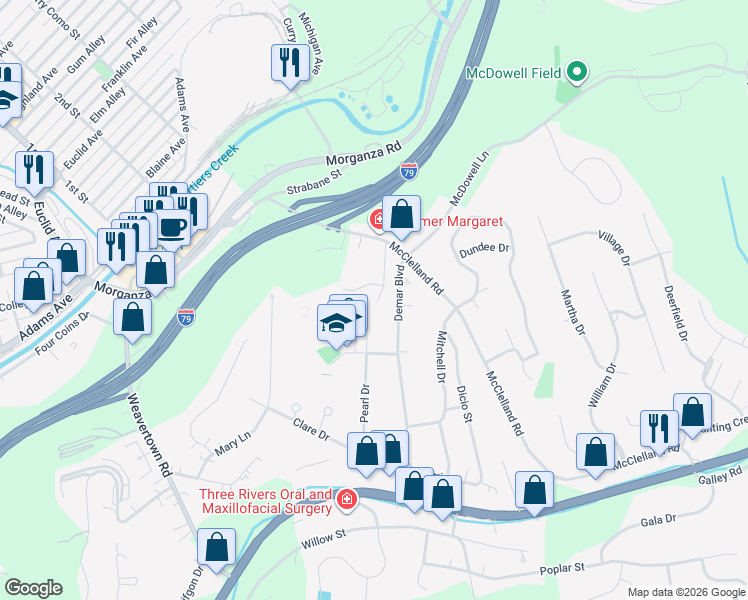 map of restaurants, bars, coffee shops, grocery stores, and more near 16 Giffin Drive in Canonsburg