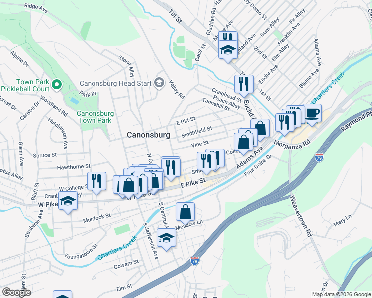 map of restaurants, bars, coffee shops, grocery stores, and more near 120 Vine Street in Canonsburg