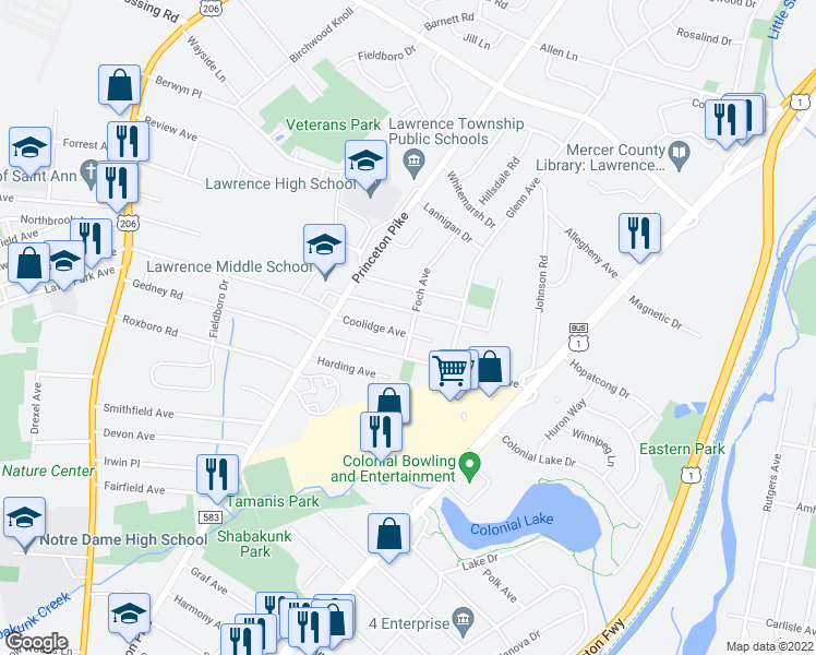 map of restaurants, bars, coffee shops, grocery stores, and more near 114 Coolidge Avenue in Trenton