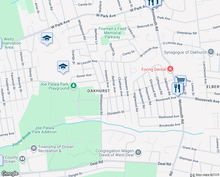 map of restaurants, bars, coffee shops, grocery stores, and more near 185 Ampere Avenue in Monmouth County