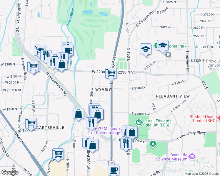 map of restaurants, bars, coffee shops, grocery stores, and more near 2107 North University Avenue in Provo