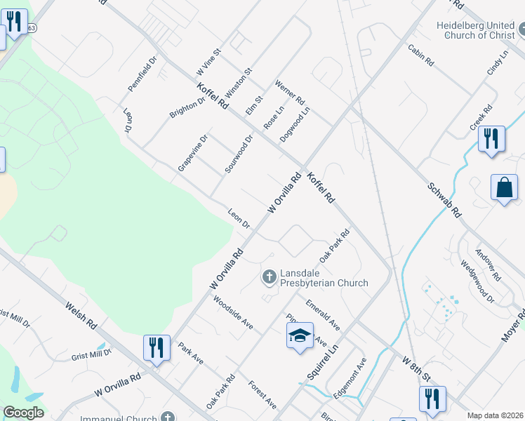 map of restaurants, bars, coffee shops, grocery stores, and more near 614 West Orvilla Road in Hatfield