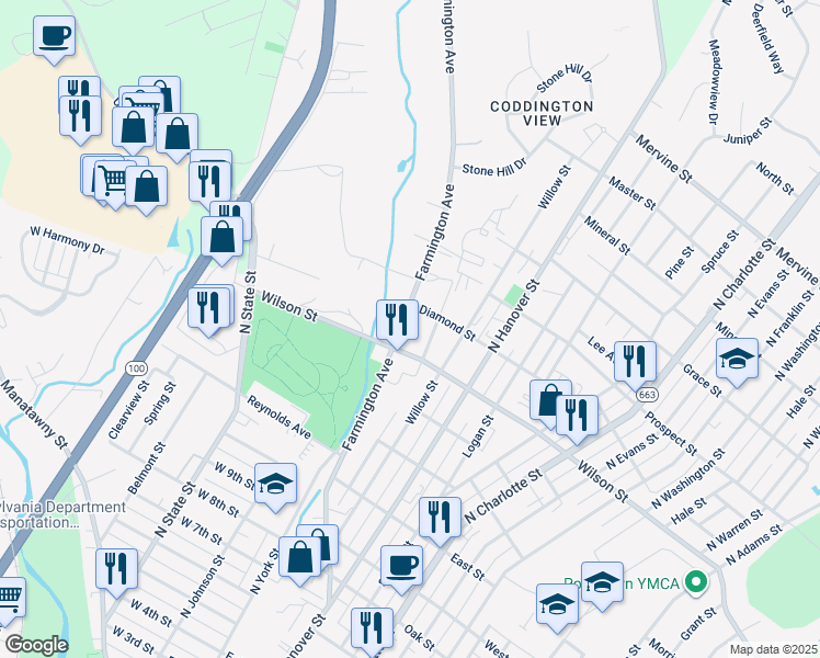 map of restaurants, bars, coffee shops, grocery stores, and more near 824 Farmington Avenue in Pottstown