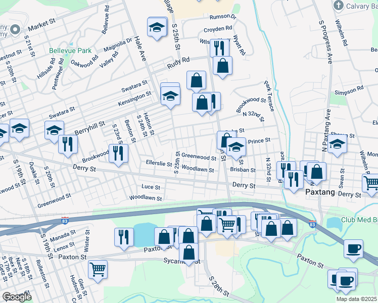 map of restaurants, bars, coffee shops, grocery stores, and more near 2518 Greenwood Street in Harrisburg