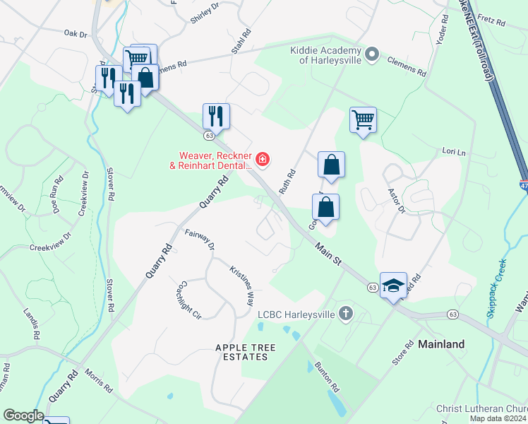 map of restaurants, bars, coffee shops, grocery stores, and more near 407 Ruth Court in Harleysville