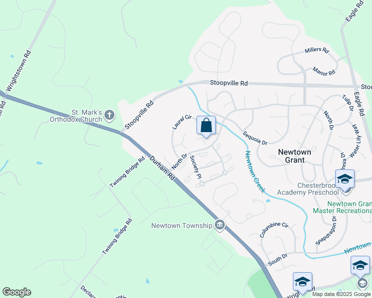 map of restaurants, bars, coffee shops, grocery stores, and more near 11 Aspen Court in Newtown