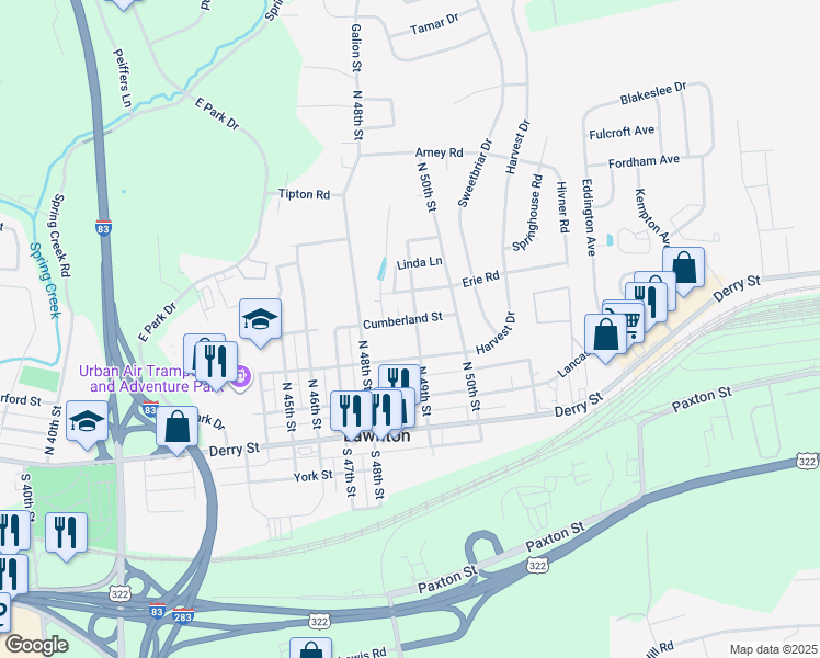 map of restaurants, bars, coffee shops, grocery stores, and more near 224 North 49th Street in Harrisburg