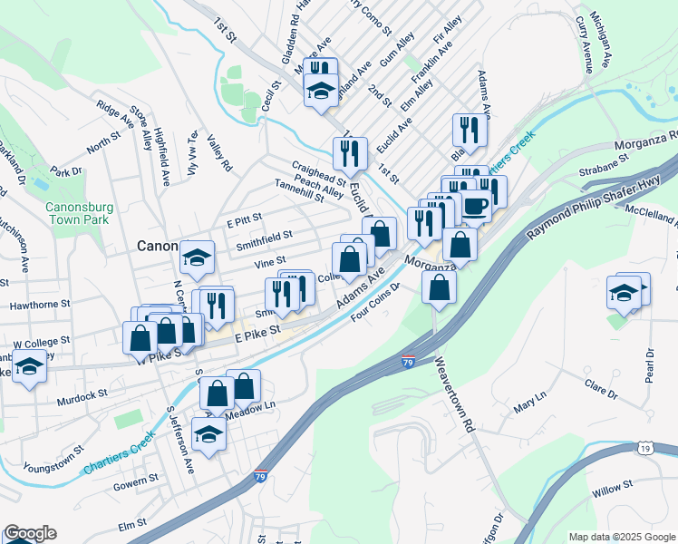 map of restaurants, bars, coffee shops, grocery stores, and more near 223 East College Street in Canonsburg