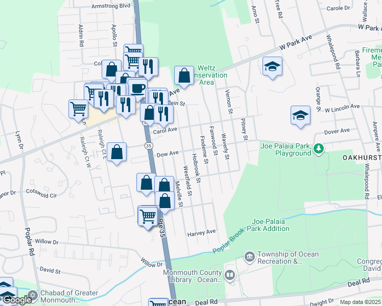 map of restaurants, bars, coffee shops, grocery stores, and more near 712 Dow Avenue in Monmouth County
