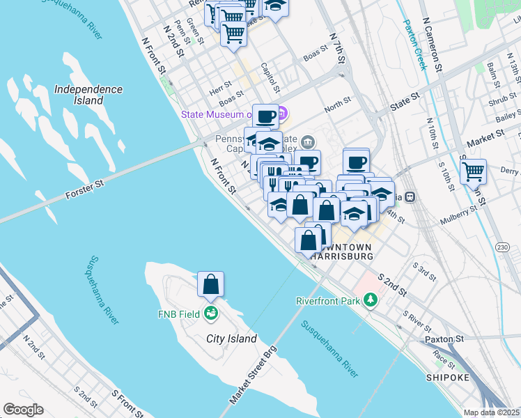 map of restaurants, bars, coffee shops, grocery stores, and more near 315 North Front Street in Harrisburg
