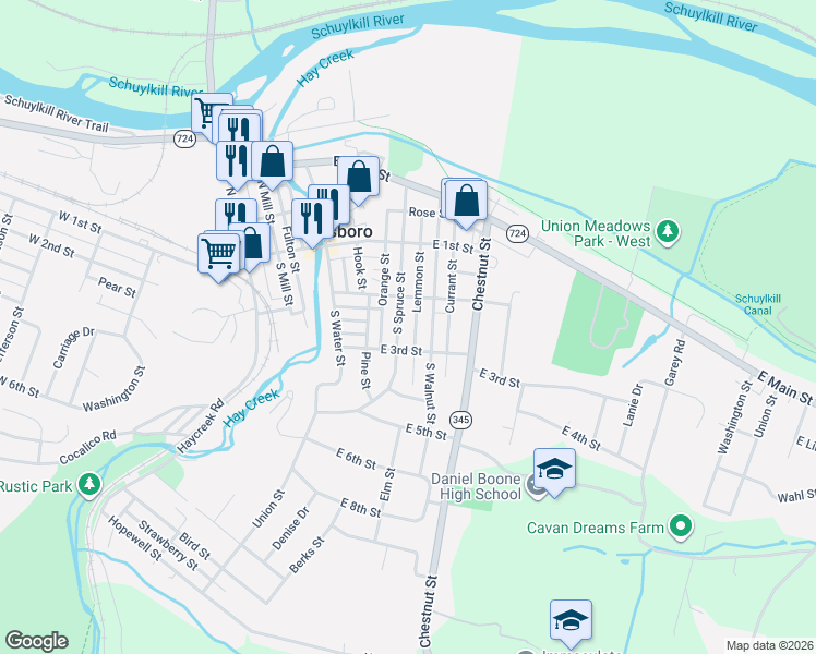 map of restaurants, bars, coffee shops, grocery stores, and more near 237 South Spruce Street in Birdsboro