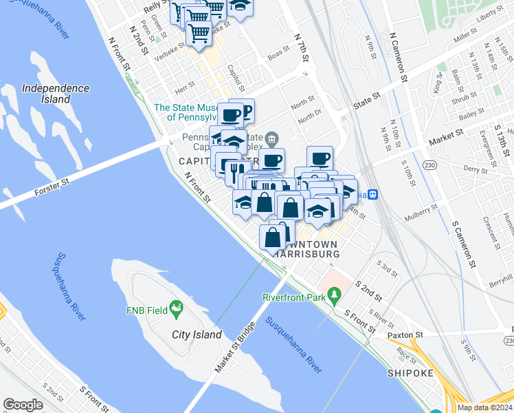 map of restaurants, bars, coffee shops, grocery stores, and more near 229 North 2nd Street in Harrisburg