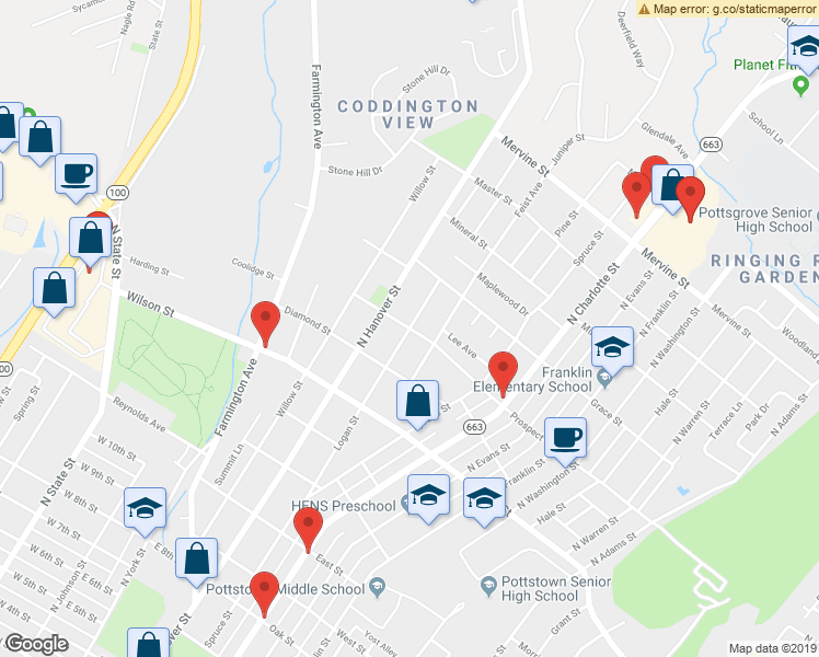 map of restaurants, bars, coffee shops, grocery stores, and more near 213 Prospect Street in Pottstown