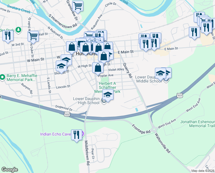 map of restaurants, bars, coffee shops, grocery stores, and more near Parkside Avenue in Hummelstown