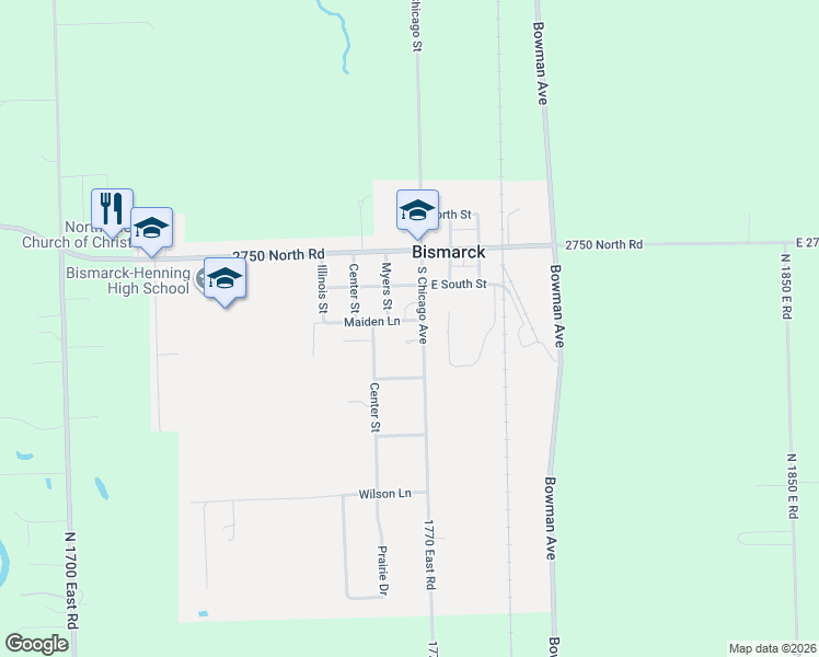 map of restaurants, bars, coffee shops, grocery stores, and more near 206 South Chicago Avenue in Bismarck