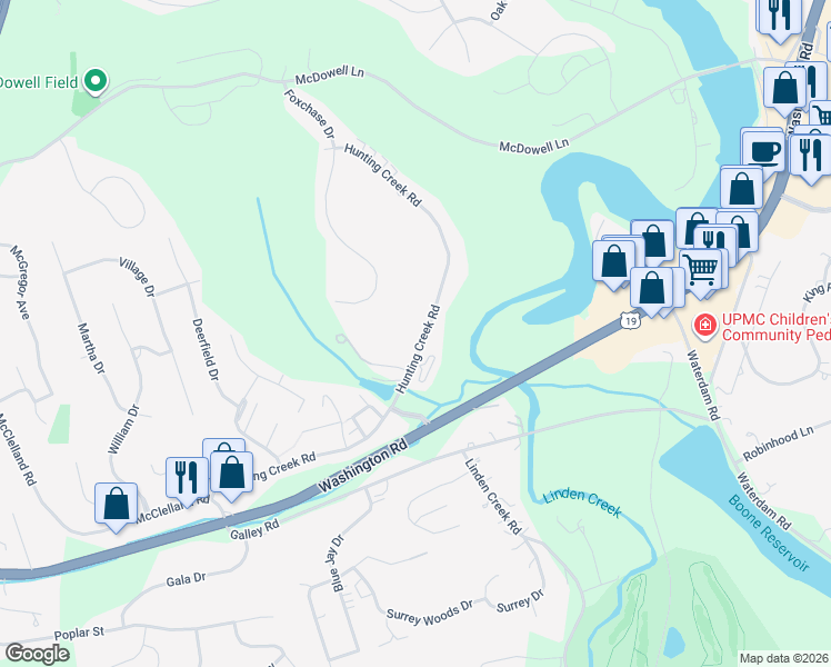 map of restaurants, bars, coffee shops, grocery stores, and more near 317 Hunting Creek Road in Canonsburg