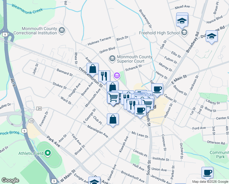 map of restaurants, bars, coffee shops, grocery stores, and more near 89 Throckmorton Street in Freehold