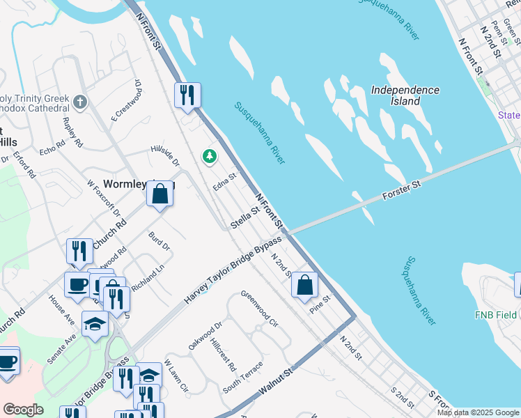 map of restaurants, bars, coffee shops, grocery stores, and more near 532 North River Street in Wormleysburg