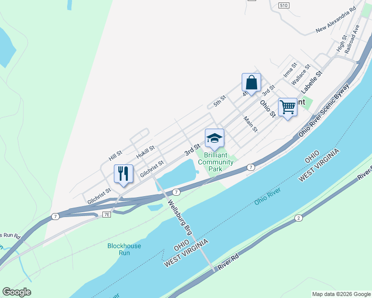 map of restaurants, bars, coffee shops, grocery stores, and more near 1103 3rd Street in Brilliant