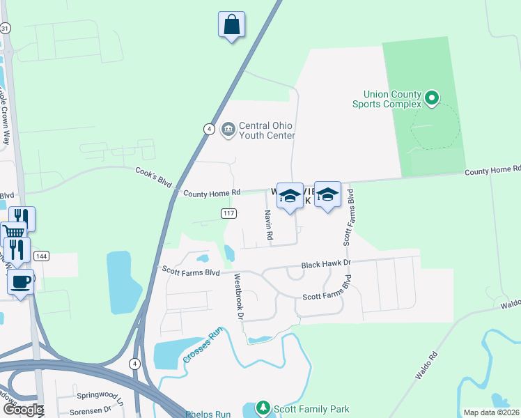 map of restaurants, bars, coffee shops, grocery stores, and more near 17839 Navin Road in Marysville