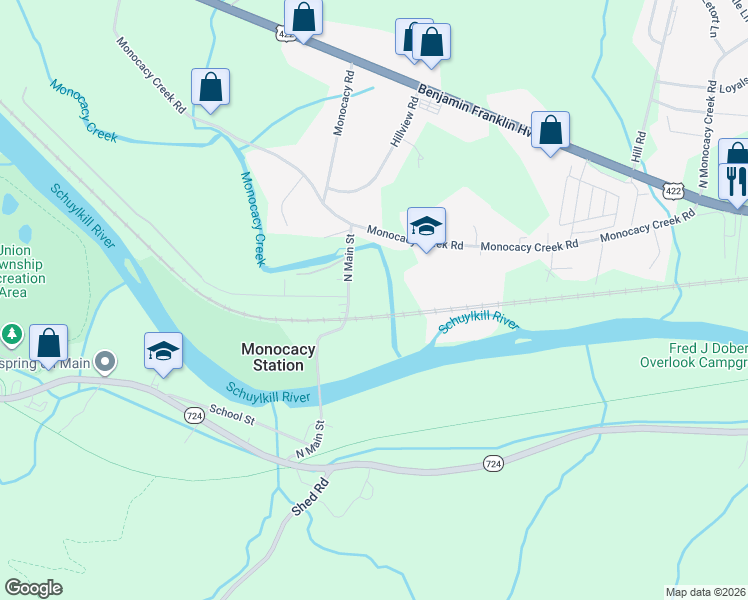 map of restaurants, bars, coffee shops, grocery stores, and more near 143 North Main Street in Douglassville