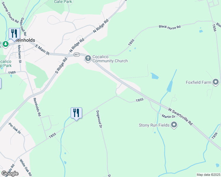 map of restaurants, bars, coffee shops, grocery stores, and more near 125 Brunners Grove Road in Reinholds