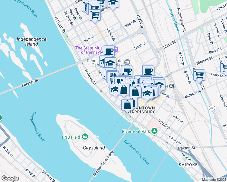 map of restaurants, bars, coffee shops, grocery stores, and more near 125 Pine Street in Harrisburg