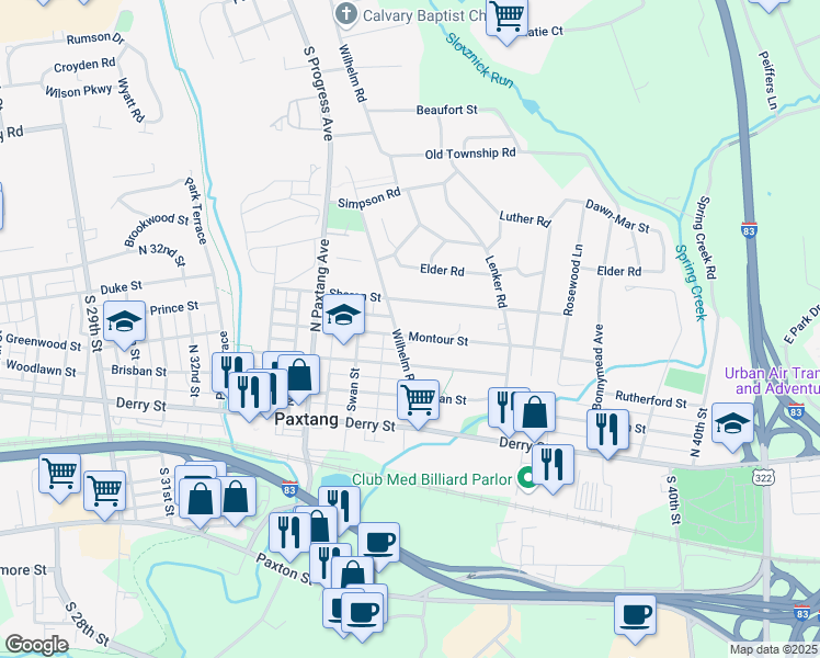 map of restaurants, bars, coffee shops, grocery stores, and more near 3702 Montour Street in Harrisburg