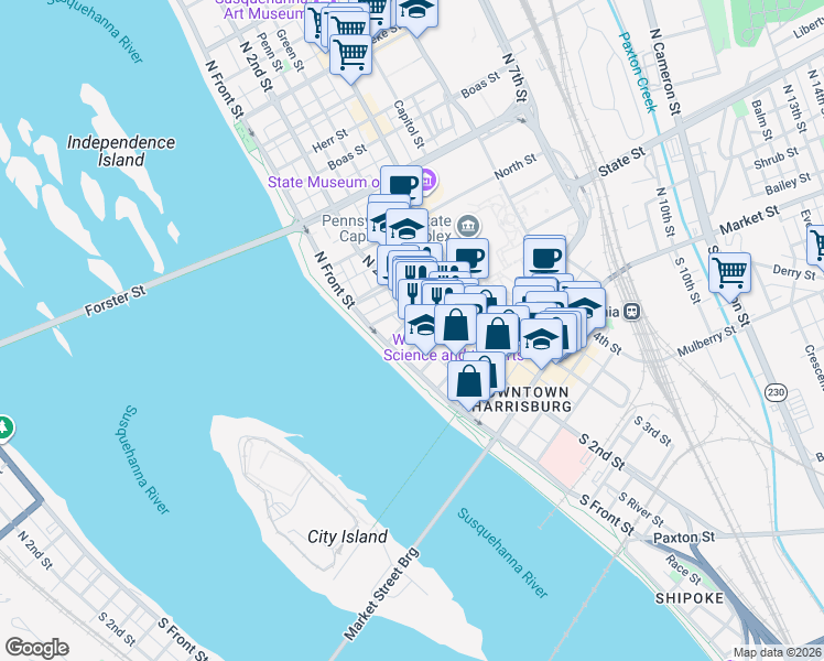 map of restaurants, bars, coffee shops, grocery stores, and more near 116 Pine Street in Harrisburg